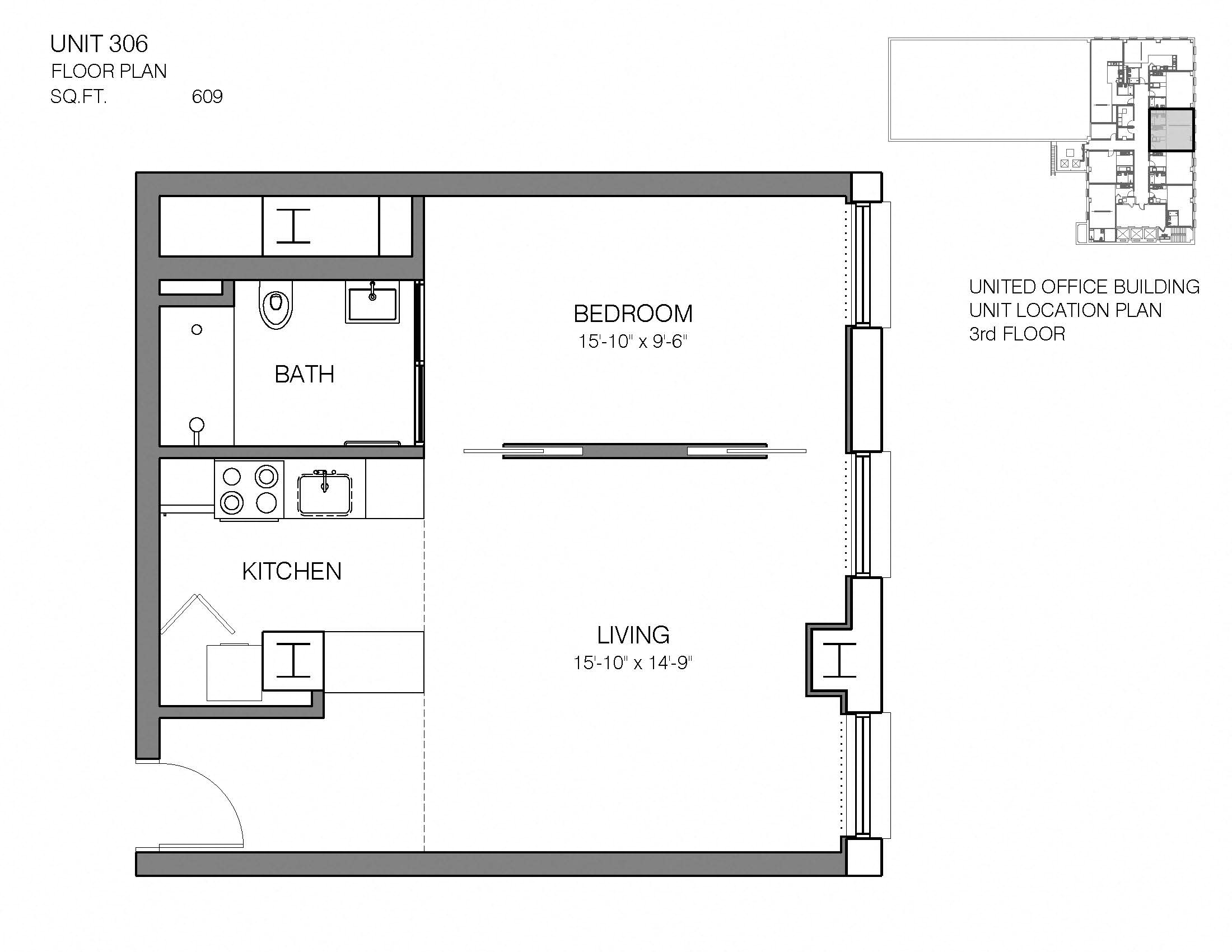1 Bed 1 Bath 306 Floor Plan at Market District Lofts, OH, 44113
